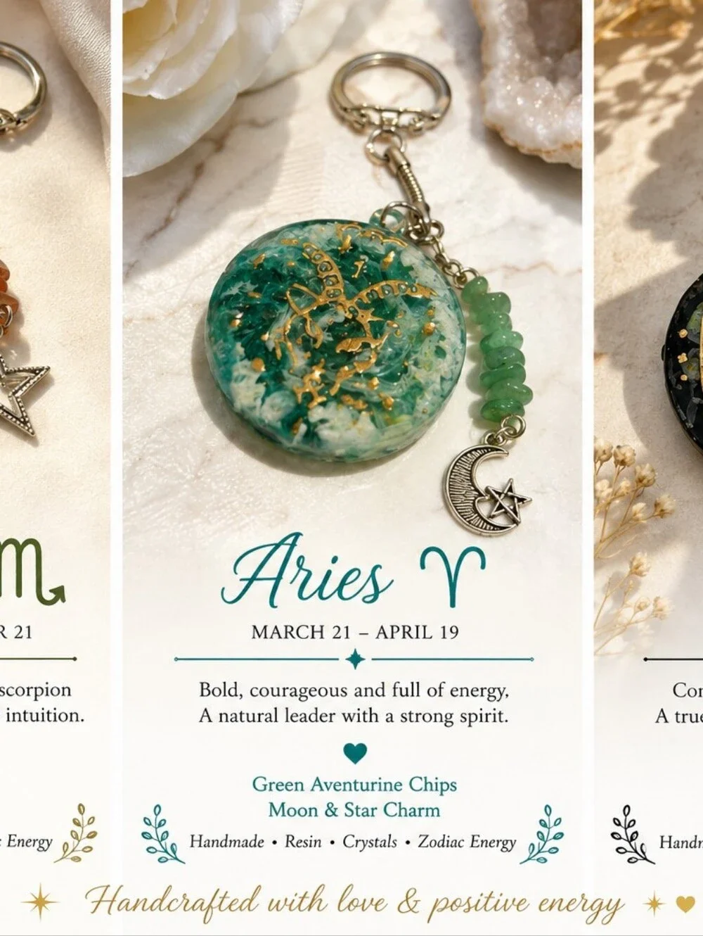 Aries Green Swirling Resin Keychain with Gold Trim